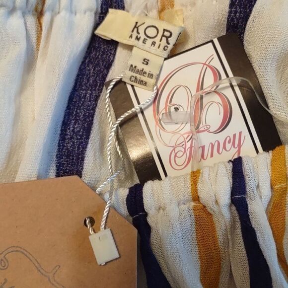 New Kori America Size S Festive Boho Top Navy Gold Stripe Fringe Ruffle Neckline - Picture 5 of 9